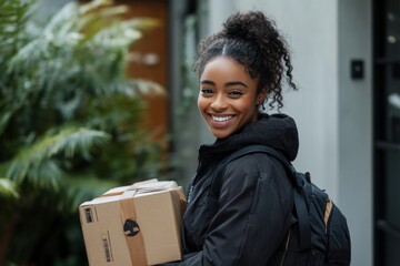 Smiling african female adult delivering package outdoors