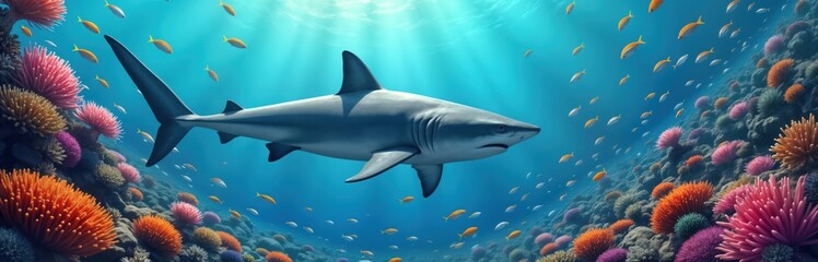 Fototapeta premium Shark swims through colorful coral reef underwater. Plenty of fish surround shark. Vibrant underwater scene. Ocean wildlife in hyperrealistic style. Marine life thrives in coral formations. Beautiful