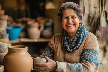 Mature caucasian female potter smiling in rustic studio surrounded by handmade pottery
