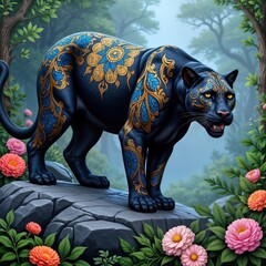 Fototapeta premium Black panther with ornate blue, gold decorative patterns. Majestic animal stands on rocky outcrop in misty forest. Flowers, plants surround rock. Panther looks alert. Beautiful wildlife art in