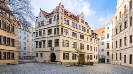 Fototapeta premium Historic architecture in a sunny European square with clear sky