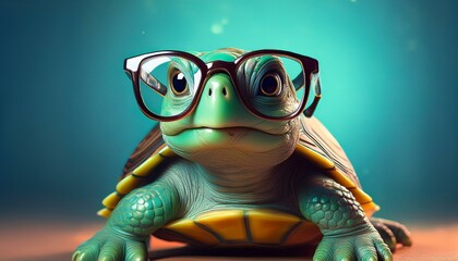 Portrait of a cute turtle with big glasses: Detailed close-up with green background and focus on facial features and shell structure