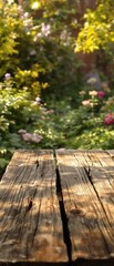 Fototapeta premium Basic wooden table with blurry plants in the garden, basic, wooden, background