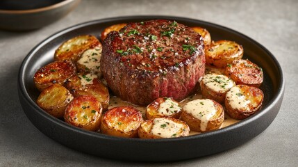 Juicy Grilled Steak with Herb Butter and Roasted Potatoes Display