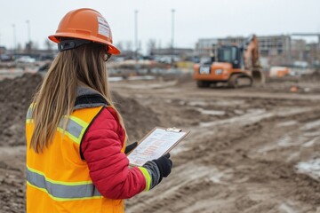 Female construction worker inspecting site with excavator in background