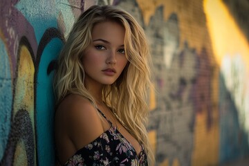 Naklejka premium Blonde caucasian young female against graffiti wall in urban setting