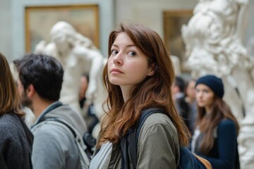Obraz premium Young caucasian woman observing sculptures in museum