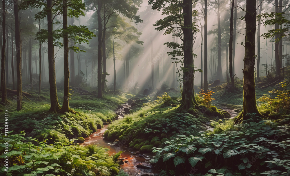 Aufkleber Forest with a stream running through it. The stream is brown and the sun is shining through the trees