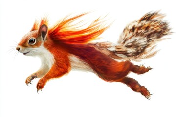 Fototapeta premium A realistic squirrel flying in the air, with red fur against a white background. This highly detailed digital painting is in a cute, cartoon style, with high resolution, high quality, and sharp focus.