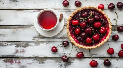 Delicious Cherry Tart with Fresh Cherries and Tea on Rustic Table