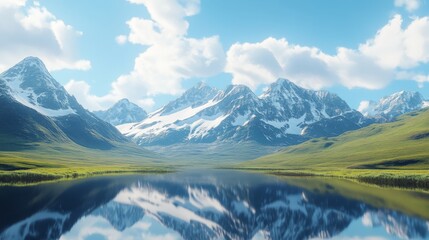 Panoramic view of majestic snow-capped peaks with a pristine alpine lake reflecting the mountains in the foreground 