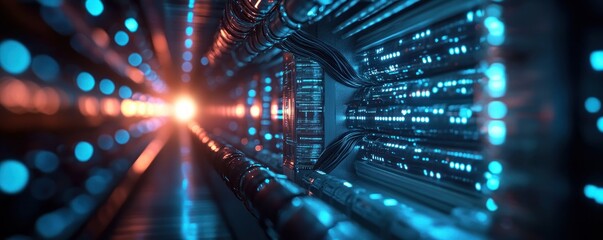 Futuristic Data Center with Glowing Blue Cables and High Contrast Lighting