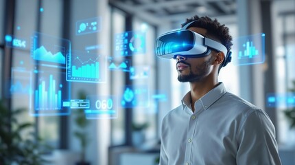 Man experiencing augmented reality with virtual reality headset in a modern office environment