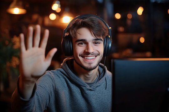 Cheerful young man blogger waves to subscribers in cozy streaming studio with headphones and potted plant - Powered by Adobe