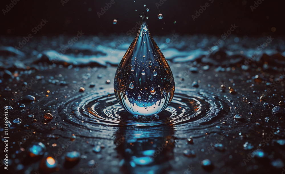 Poster Drop of water is sitting on the surface of a body of water. The drop is surrounded by ripples and has a small reflection of itself in the water