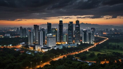 Fototapeta premium Dramatic sunset cityscape with modern skyscrapers, highways, and lush greenery.