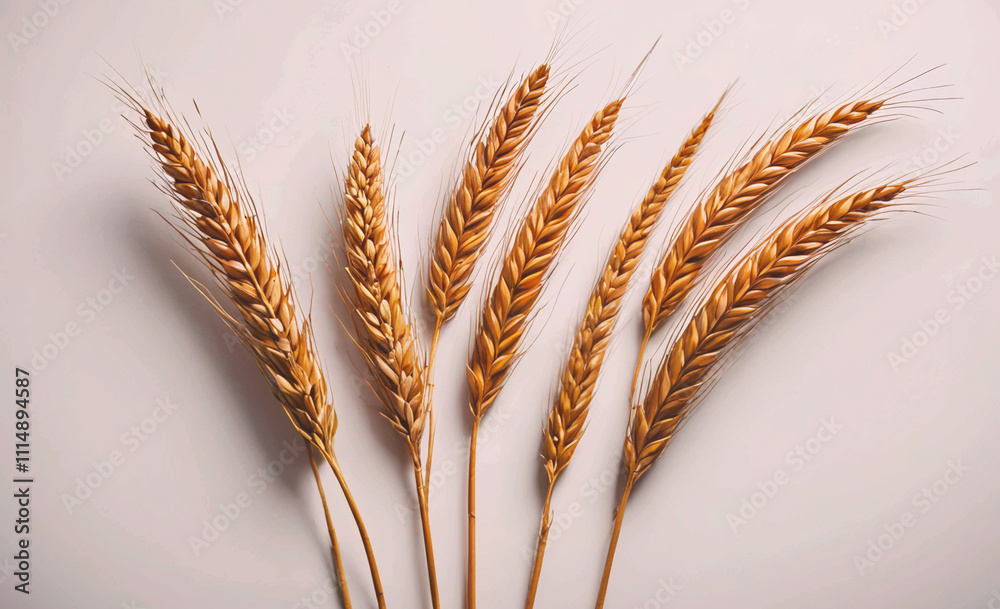Poster bunch of golden wheat is arranged in a row, with each stalk standing upright. the wheat is of varyin