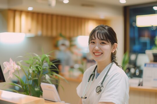 Friendly young asian nurse in white uniform with a stethoscope, smiling at a modern reception desk surrounded by greenery in a welcoming clinic environment
