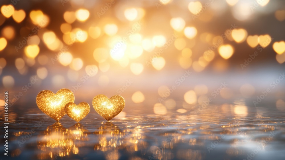 Wall mural Soft heart shaped bokeh lights shimmer on a reflective surface, evoking a sense of romance in a tranquil evening setting