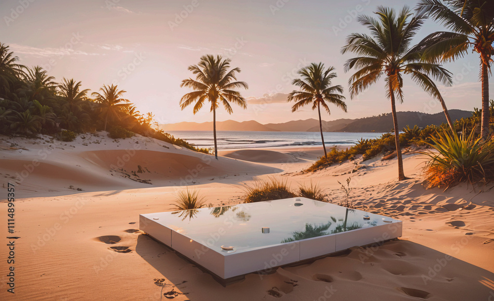 Poster white square is on the sand. the square is reflecting the sun. there are palm trees in the backgroun