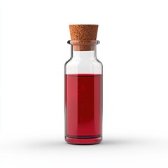 A glass vial filled with a red liquid and a cork stopper, isolated on white background, representing science and mystery, ideal for potion-themed designs, fantasy illustrations, medical concepts