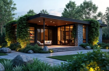 Modern eco friendly home exterior with terrace, garden. Stylish patio furniture, natural landscaping. Zero waste concept. Virtual render shows energy efficient design. Outdoor lighting highlights