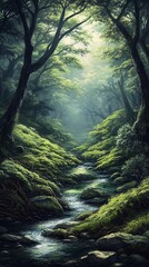 Fototapeta premium Japanese Surgicare native forest with dramatic atmosphere and relaxing tones. Wellness 