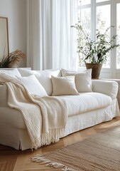 Fototapeta premium Bright and Airy Scandinavian Living Room with White Sofa and Natural Lighting