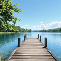 Obraz premium Beautiful view of wooden dock on lake with clear blue sky and green trees, horizon, pier, water, reflection, serene
