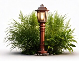 Silver garden lamp with greenery.