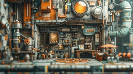 Fototapeta premium A detailed, futuristic control panel with intricate machinery and vibrant colors.