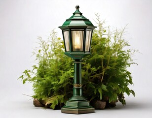 Green metal garden lamp with plants.