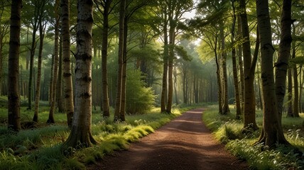 Fototapeta premium Sunlit path through lush green forest.