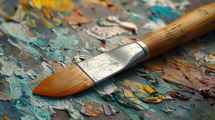 Fototapeta premium A close-up of a paintbrush resting on a colorful palette of oil paints.