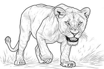 Obraz premium A fierce lioness prowls through the tall grass, showcasing her majestic presence and sharp features.