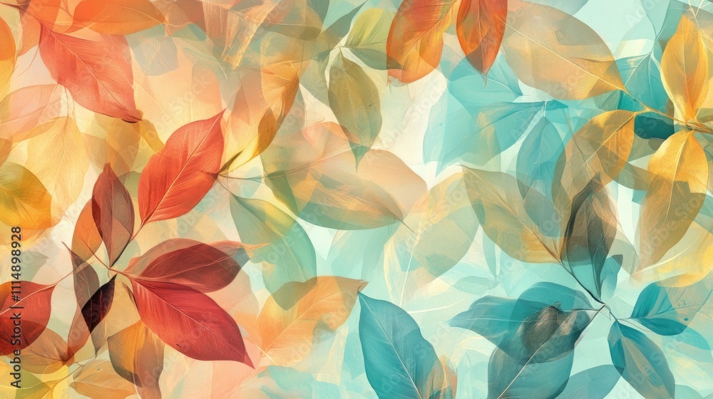 Aufkleber A beautiful and vibrant design of colorful translucent leaves layered over a soft turquoise backdrop, creating a delicate and decorative effect.