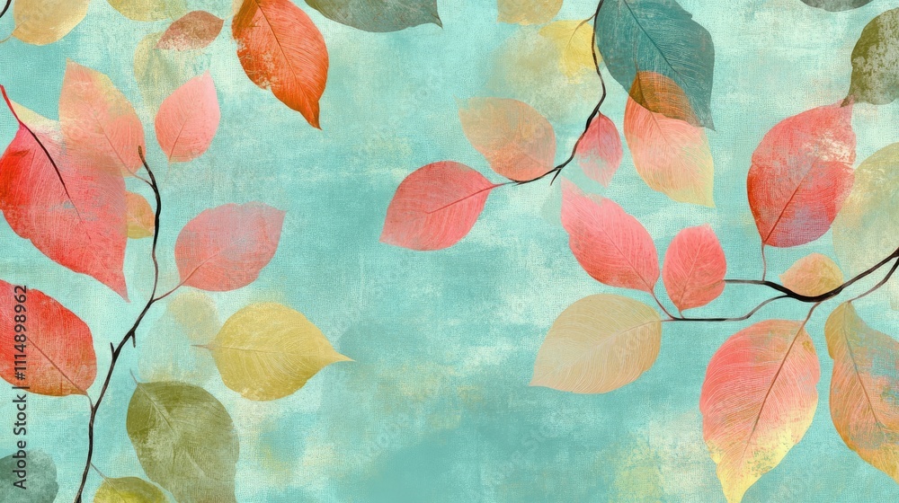 Poster A beautiful and vibrant design of colorful translucent leaves layered over a soft turquoise backdrop, creating a delicate and decorative effect.
