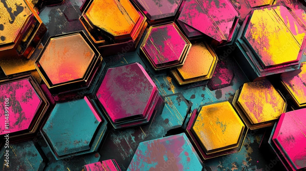 Poster A bold and vibrant abstract composition featuring hexagonal shapes with a colorful metallic sheen, showcasing futuristic design and energy.