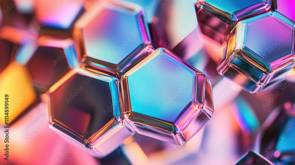Poster A bold and vibrant abstract composition featuring hexagonal shapes with a colorful metallic sheen, showcasing futuristic design and energy.