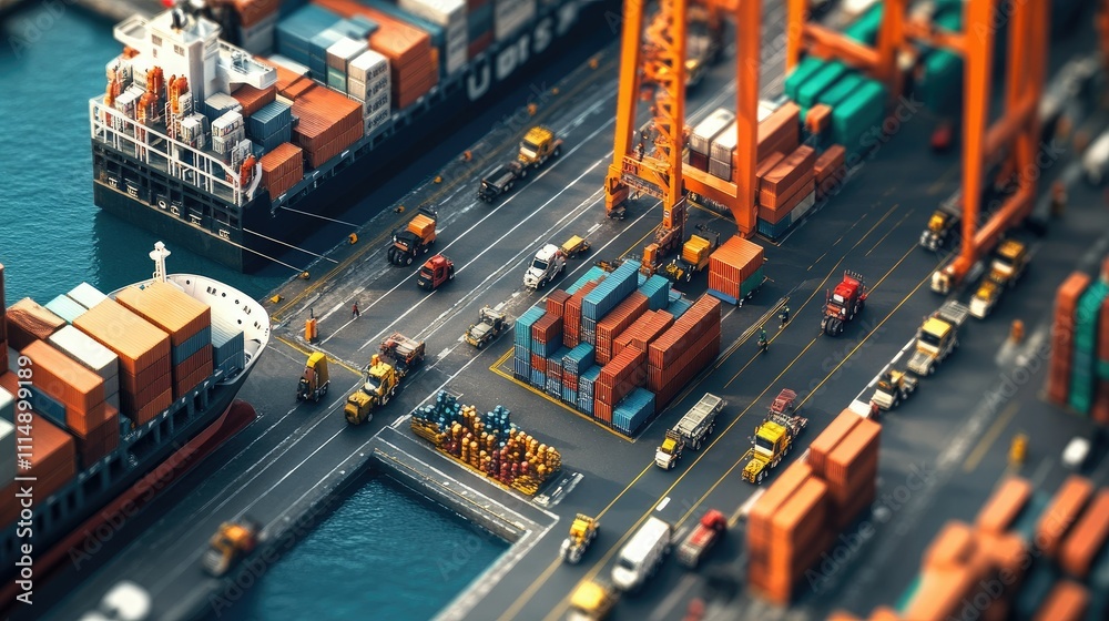 Poster a busy port with container ships unloading cargo while trucks and forklifts efficiently distribute f
