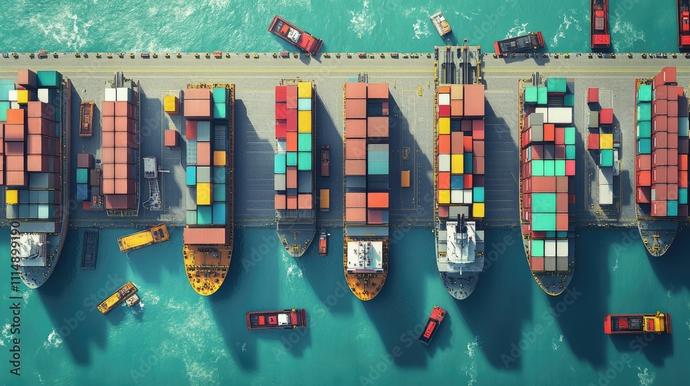 Poster a busy port with container ships unloading cargo while trucks and forklifts efficiently distribute f