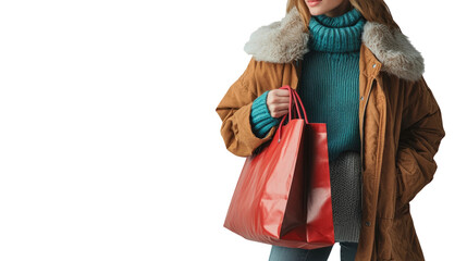Cozy Winter Fashion With Red Shopping Bags on Transparent Background