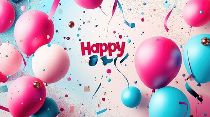 A celebratory national day poster with colorful balloons, abstract geometric patterns, and sparkling glitter, featuring a "Happy" message and ribbons.