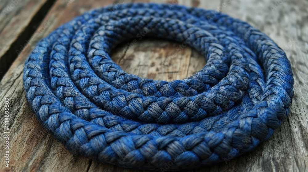 Poster a close-up of a coiled blue rope on a weathered wooden surface, showcasing the intricate details and