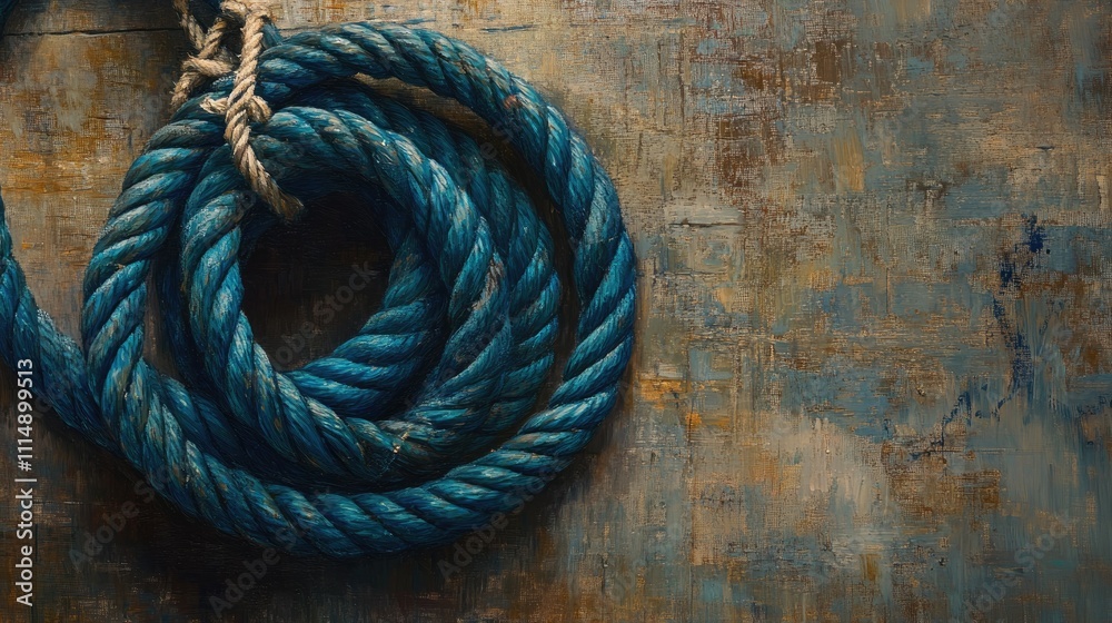 Poster a close-up of a coiled blue rope on a weathered wooden surface, showcasing the intricate details and