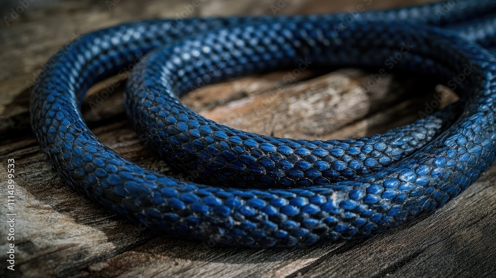 Poster a close-up of a coiled blue rope on a weathered wooden surface, showcasing the intricate details and