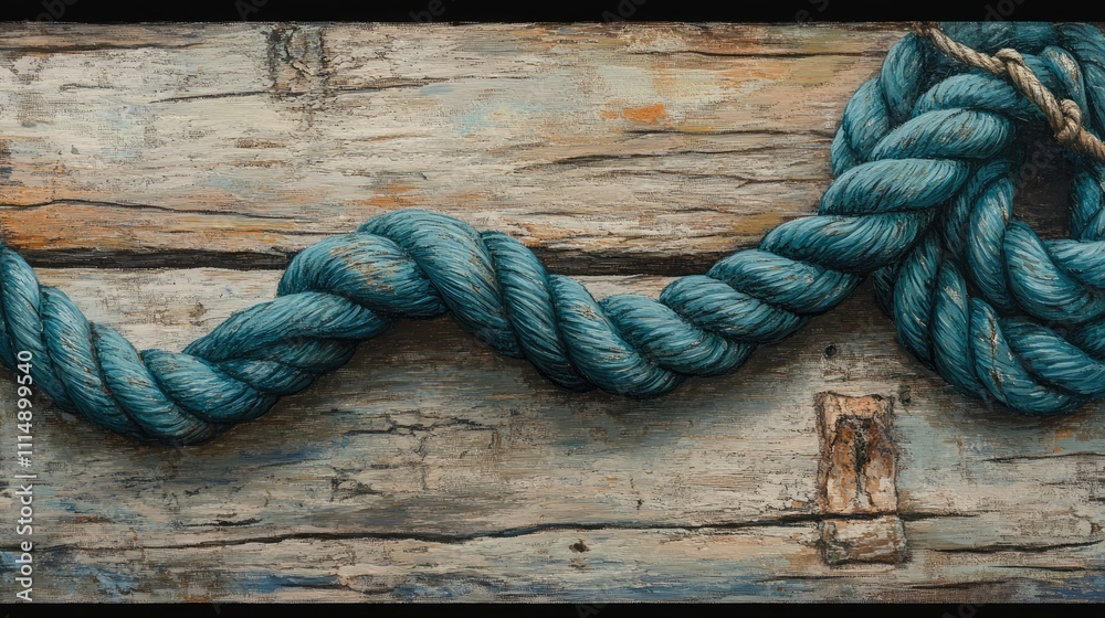 Poster a close-up of a coiled blue rope on a weathered wooden surface, showcasing the intricate details and