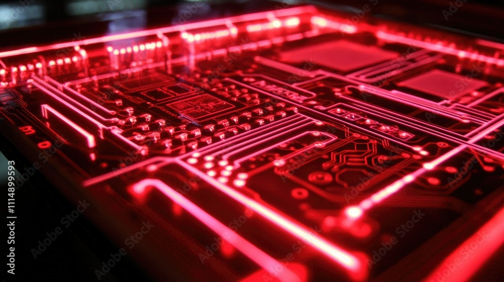 Poster A close-up of a glowing circuit board design, red lines illuminating the intricate pathways on a dark background.