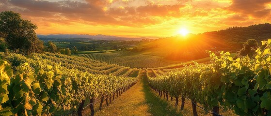Naklejka premium Vineyard Landscape at Sunset Golden Rays Lush Green Grape Vines Dramatic Shadows Panoramic View