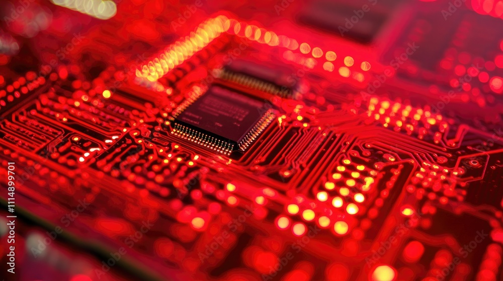 Aufkleber A close-up of a high-tech circuit board with glowing red lines and intricate patterns, showcasing futuristic technology.